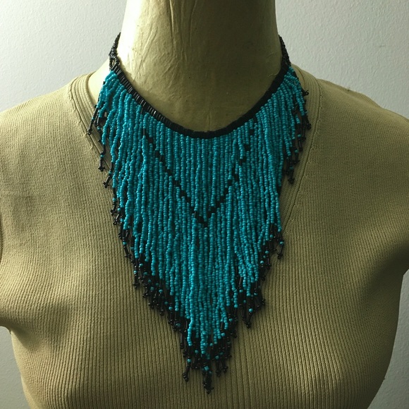 Turquoise & Black Glass Seed & Multi Strand Boho Handkerchief Necklace - Picture 10 of 13